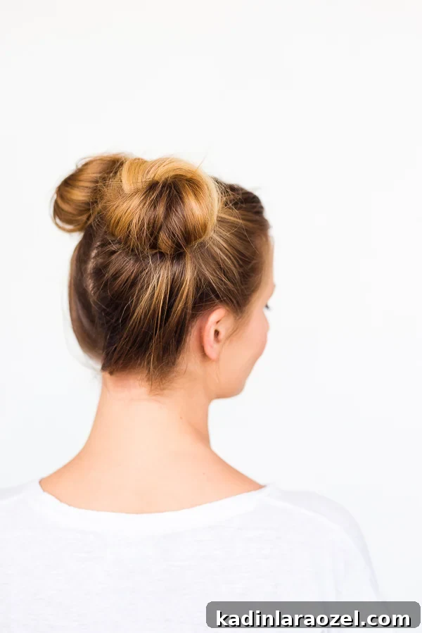 Back view of updo bun pigtails in woman's hair