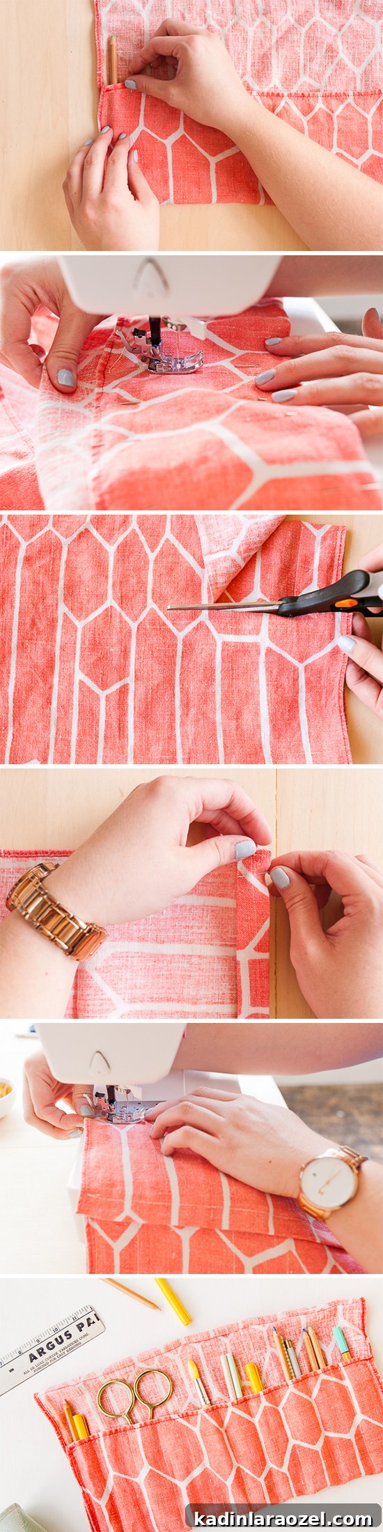 Photo step by step instructions for making a pencil organizer with fabric.