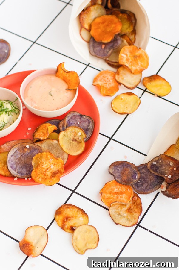 Homemade (baked) potato chips with garlic dill sauce and sriracha mayo. Click through for the recipe.