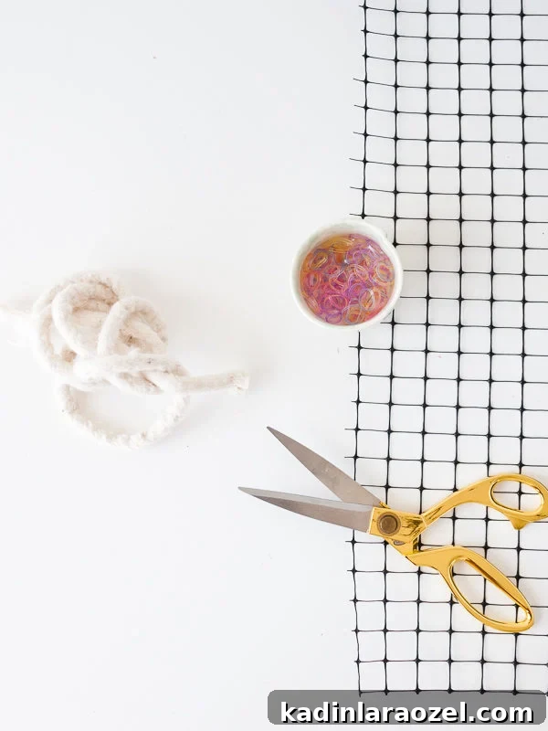 Supplies needed to make a DIY rug from scratch. Cotton piping, simple webbing, scissors, and rubber bands.
