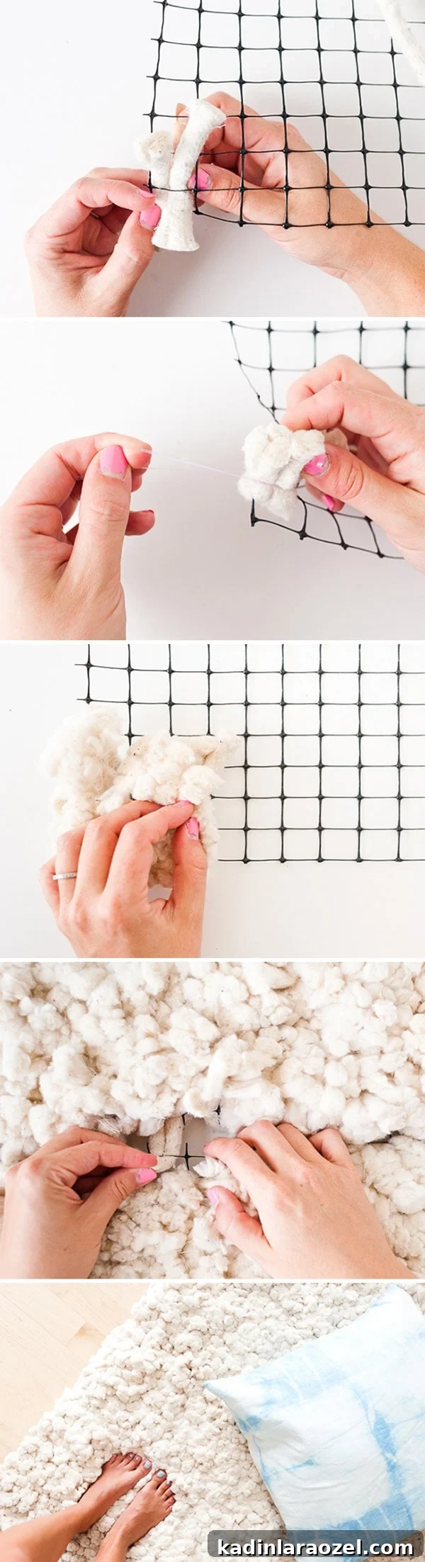 Steps showing the rug-making process with cotton piping and mesh