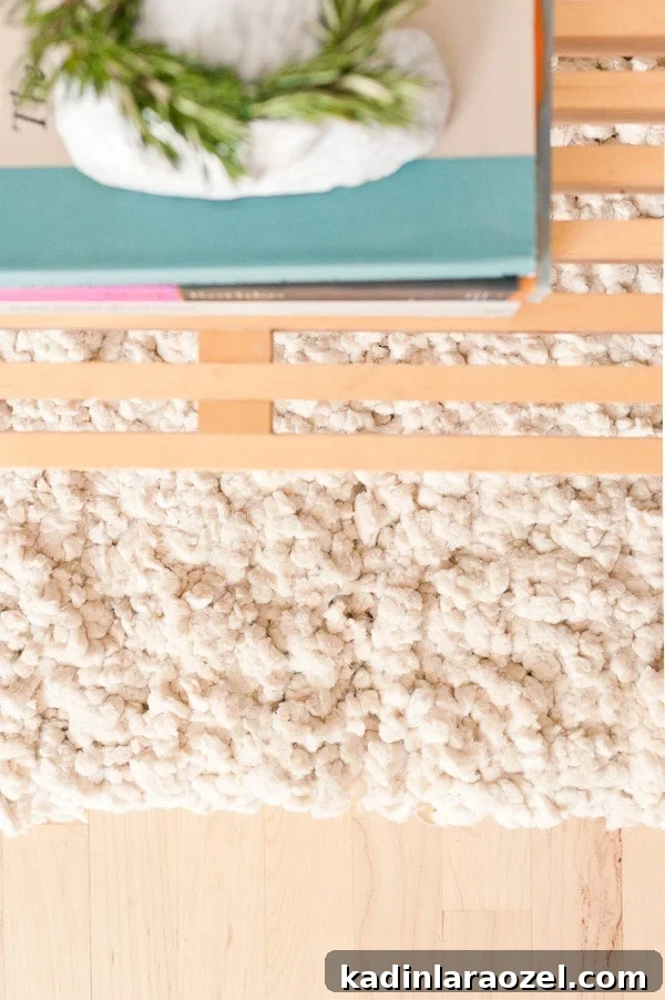 Cozy living room with DIY cotton rug and bench