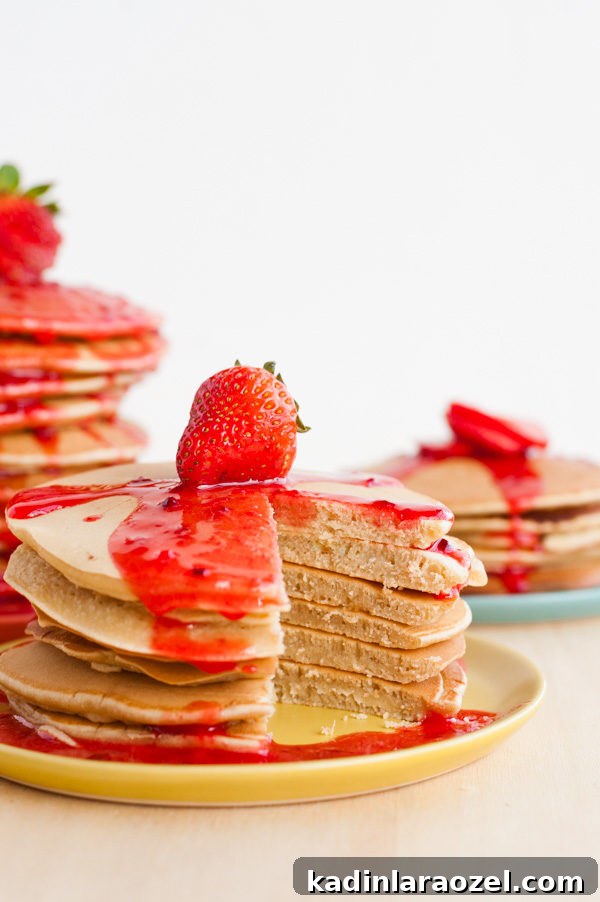 Peanut Butter and Jelly Pancakes That Will Surprise Your Tastebuds 6 Recipe for homemade peanut butter pancakes and strawberry 'jelly' syrup