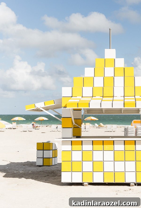 72 Hours in Miami: A 3-Day Itinerary for Food, Beaches & Nightlife 8 Closeup of yellow and white checked beach towel stand in Miami, Florida (on the beach)