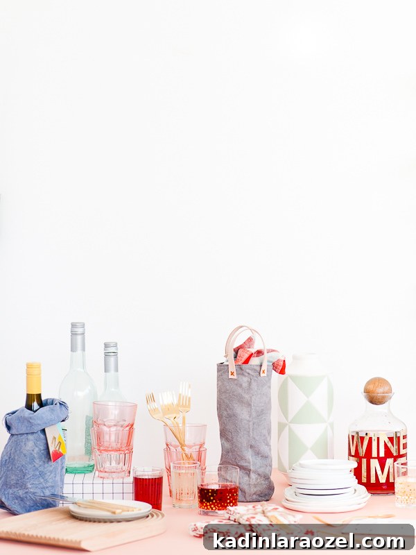 Festive DIY Canvas Wine Bags for Holiday Hostess Gifts 11 Entertaining with wine - glassware and plates on table with wine bag