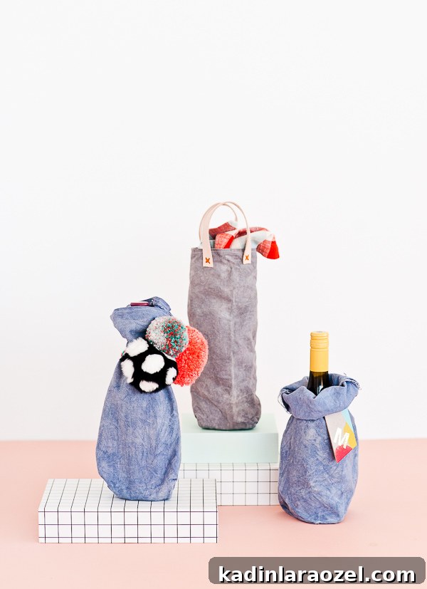 Festive DIY Canvas Wine Bags for Holiday Hostess Gifts 3 Three canvas wine bags, standing on a countertop in a line