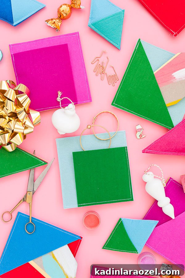Color-Blocked Felt Gift Pouches: Sewn DIY Wrapping Ideas 5 Sewn pouches DIY gift wrap idea for the holidays, using felt. #diy #tutorial #holiday #christmas #christmaspresents #wrapping #felt #giftwrap #colorblocked #pink #geometric