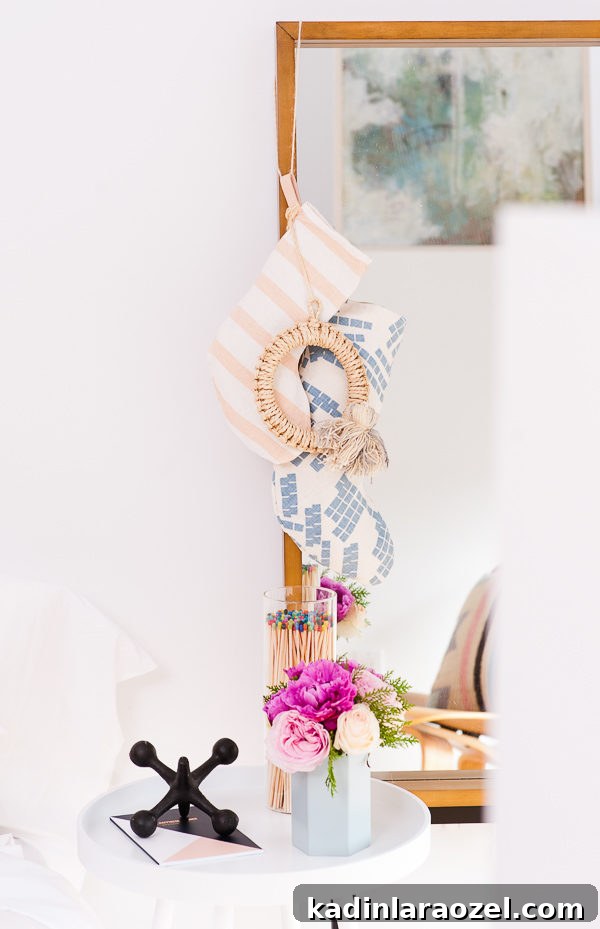 Handmade holiday stockings hanging from mirror