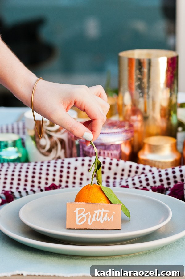 Hand lettered leather place cards for winter dinner parties
