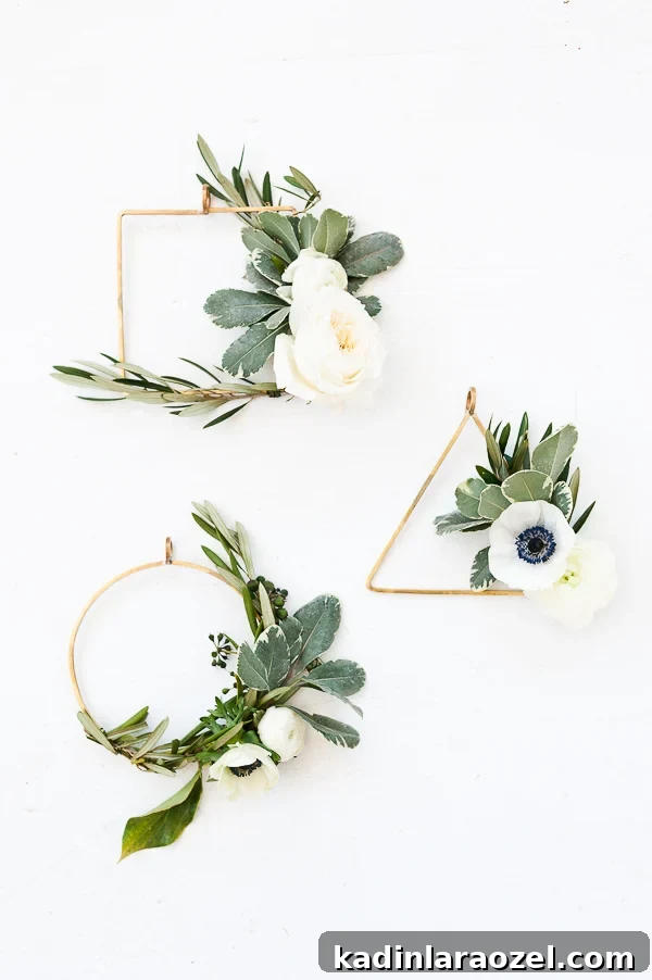 Create an Asymmetrical Wreath: Step-by-Step Design Guide 11 Geometric shaped wreaths in gold with fresh florals and greenery