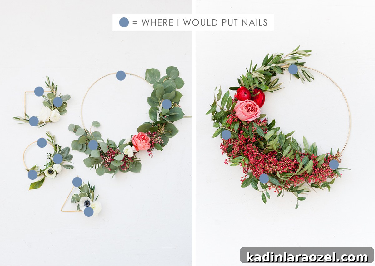 Create an Asymmetrical Wreath: Step-by-Step Design Guide 8 Diagram image of where to hang nails for asymmetrical wreath.