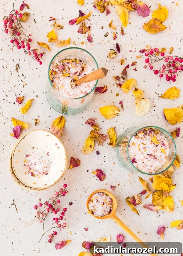 How to Dry Rose Petals and Make Rose Petal Bath Salts 11 overhead view of floral bath salts in small containers with wooden spoons