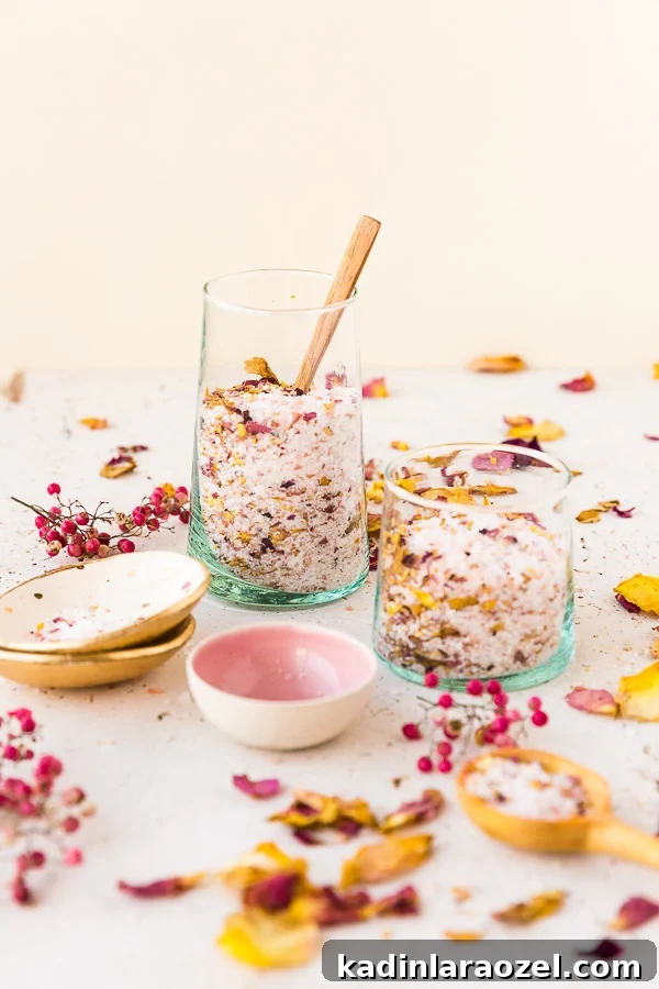 How to Dry Rose Petals and Make Rose Petal Bath Salts 6 dried rose petal bath salts in glass containers with wooden spoon