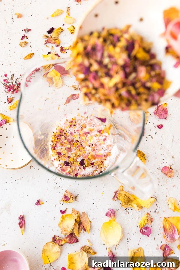 How to Dry Rose Petals and Make Rose Petal Bath Salts 9 Pour dried rose petals into the salt mixture