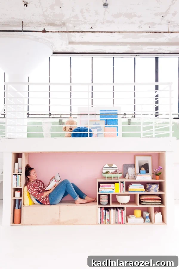 49 Clever DIY Home Organization Ideas to Maximize Space 41 A colorful loft space with wood storage for books, vases, and other decorative items.