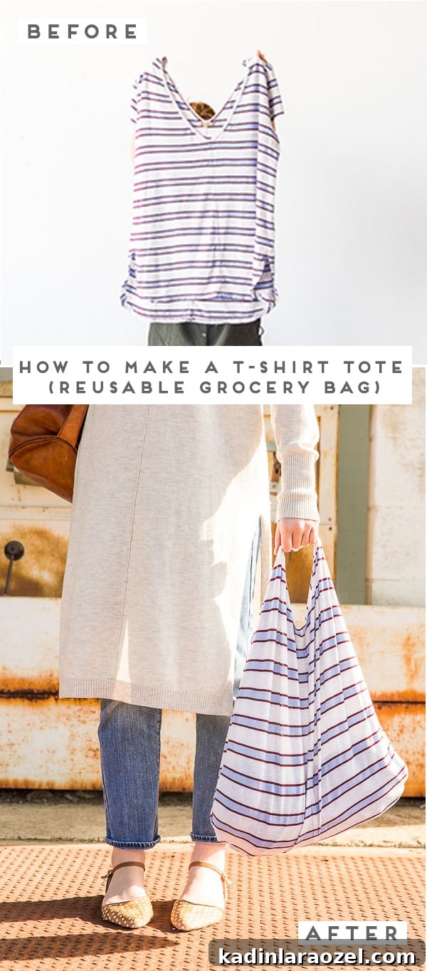 DIY Reusable Grocery Bags from Old T-Shirts in 10 Minutes 11 Before and after photo of t-shirt turned grocery tote.