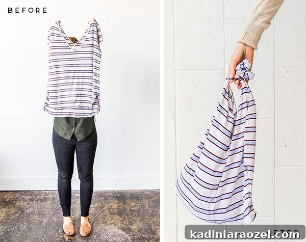 DIY Reusable Grocery Bags from Old T-Shirts in 10 Minutes 4 A before and after photo of an old t-shirt that was made into a reusable grocery bag.