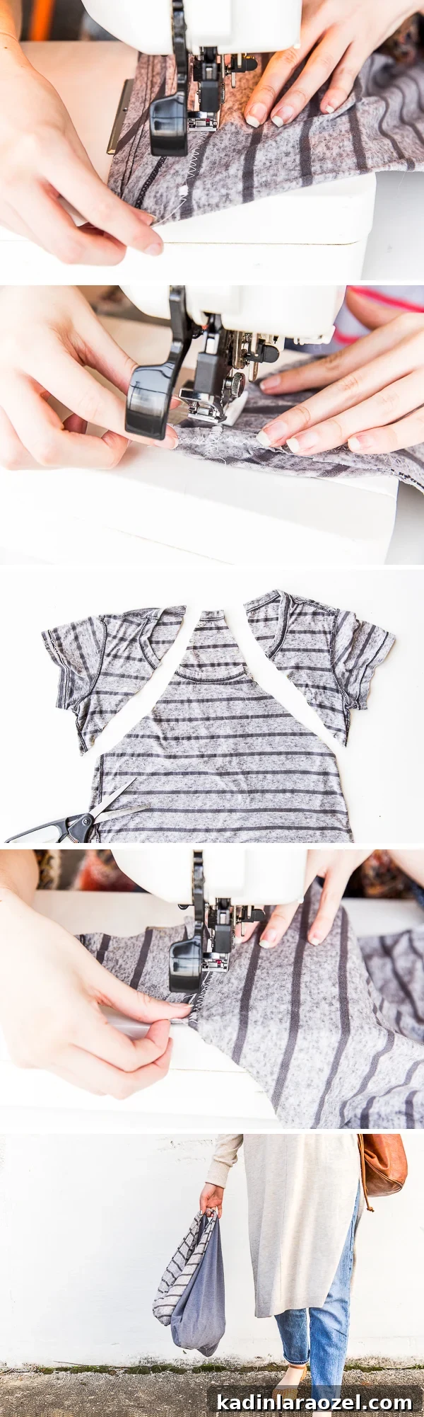 DIY Reusable Grocery Bags from Old T-Shirts in 10 Minutes 5 Steps for sewing a grocery bag from an old t-shirt.