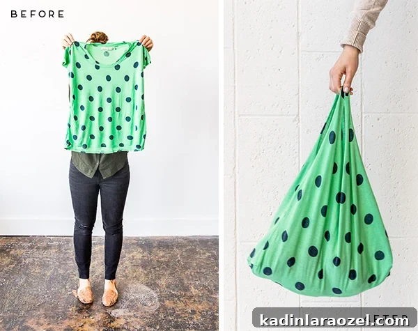 DIY Reusable Grocery Bags from Old T-Shirts in 10 Minutes 7 A neon green polka dot shirt made into a tote bag.