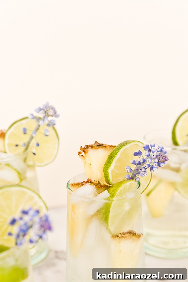 Pineapple Lime Sangria Spritzers for Spring Refreshment 8 A tropical cocktail recipe for pineapple lime sangria spritzers, with edible flower garnish.