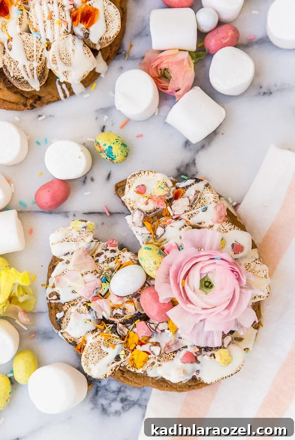 S'more pizza with edible flowers and giant chocolate chip cookies