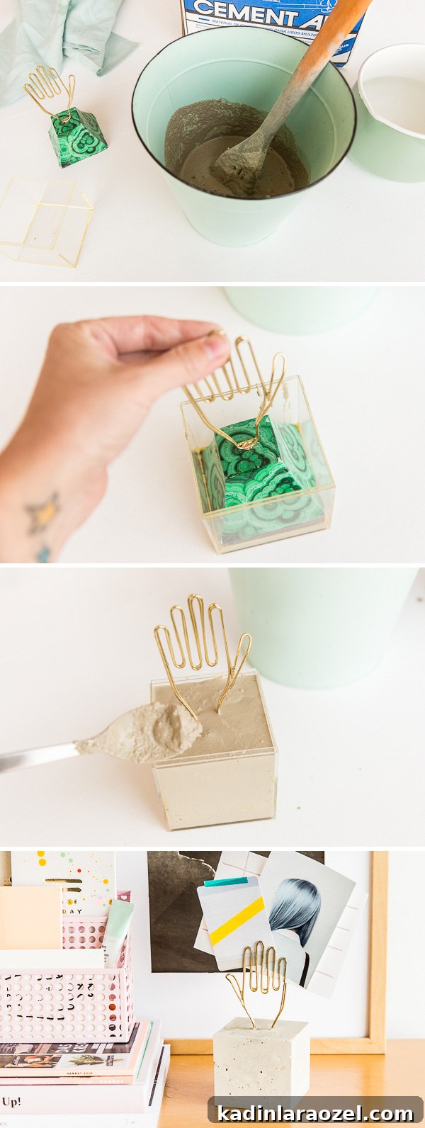 Step by step instructions for making a concrete paperweight that doubles as a paper holder