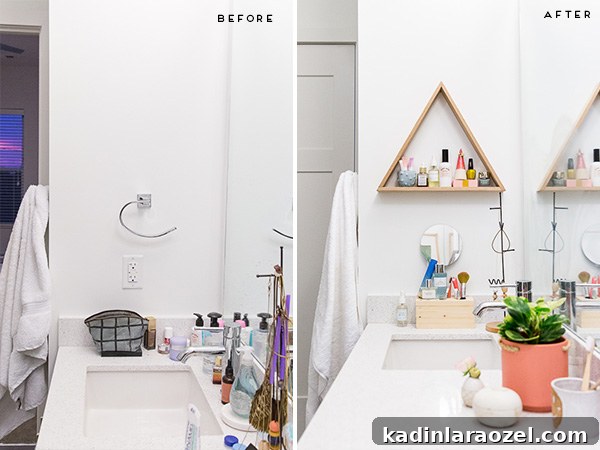 Before and After: My New Master Bathroom Remodel Reveal 9 Old hardware was removed and a new geometric shelf was added for more storage. Click through for more tips and a before and after minimal modern bathroom makeover.