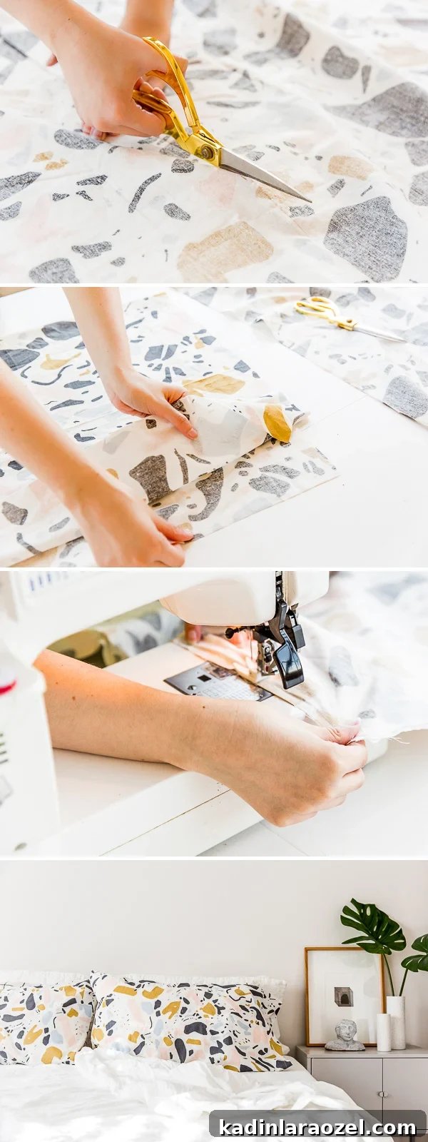 Instructional photos for making DIY pillowcases with scissors and a sewing machine