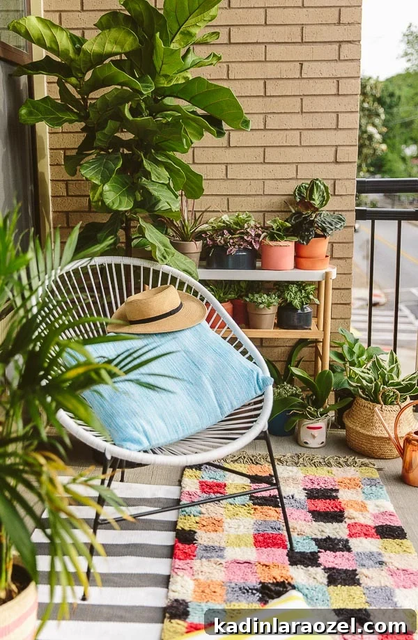 Tiny Balcony Makeover: Before and After Transformation Revealed 4 Inspiration for apartment balcony. Small but colorful, with lots of plants and layered patterns.