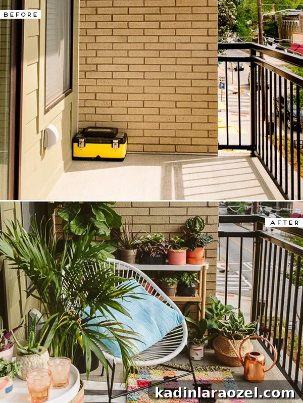 Tiny Balcony Makeover: Before and After Transformation Revealed 5 Inspiration for apartment balcony. Small but colorful, with lots of plants and layered patterns.
