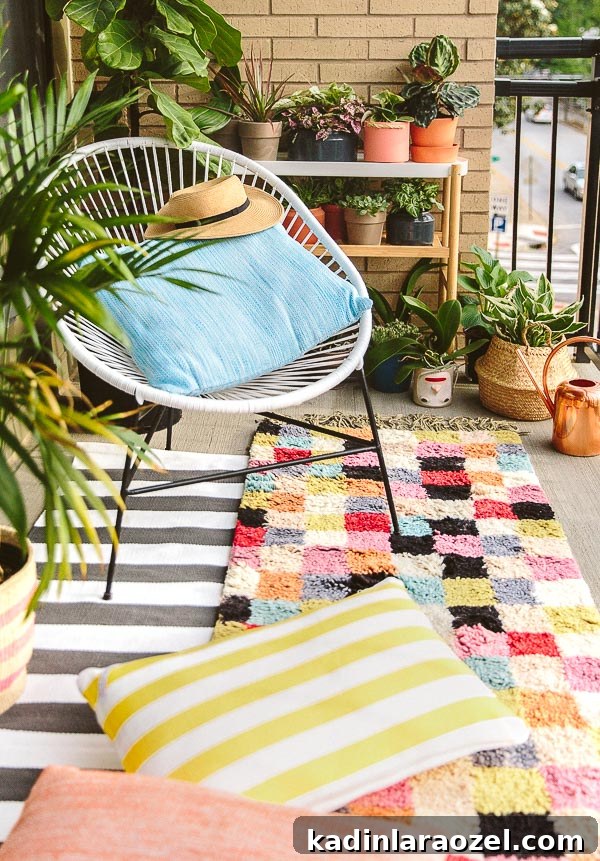 Tiny Balcony Makeover: Before and After Transformation Revealed 7 A colorful, eclectic balcony makeover for a small apartment space.
