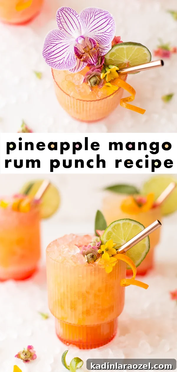pineapple mango rum punch recipe with edible flowers inside
