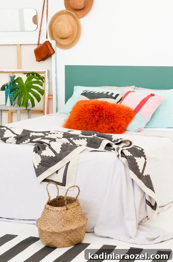 One-Hour DIY Headboard Project: Stylish Design You Can Build Now 17 An eclectic modern bedroom with DIY headboard.