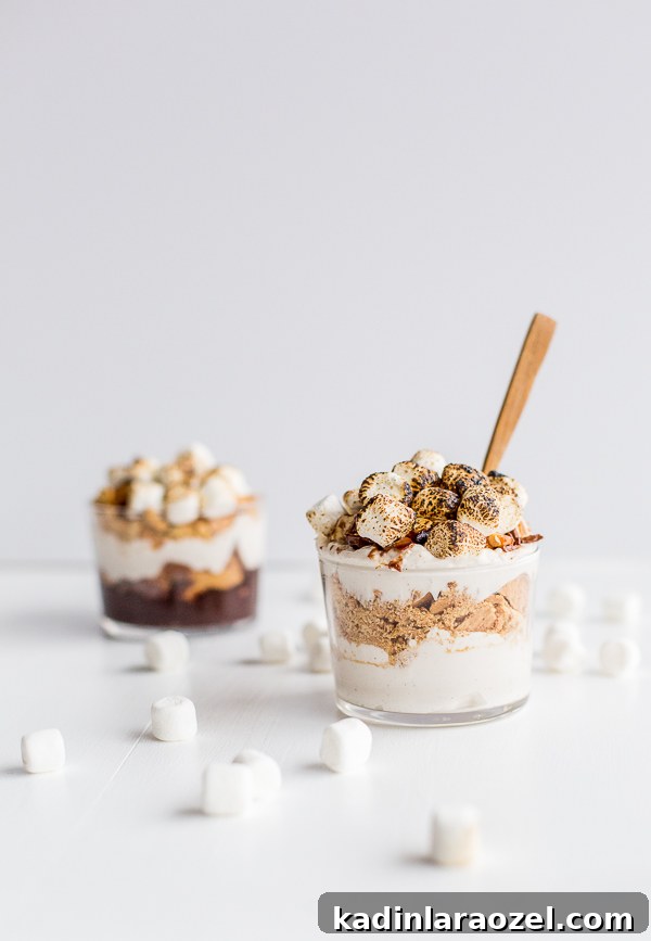 two clear glass cups filled with layers of s'mores dessert