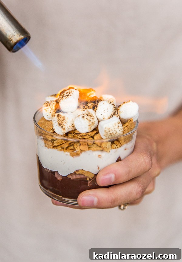 Toasting marshmallows on top of a layered s'mores cup