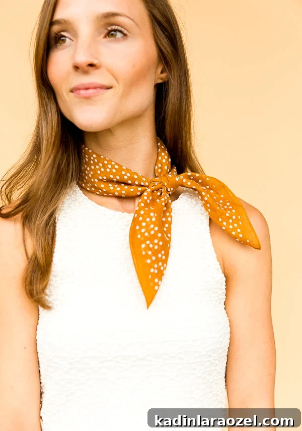 A woman wears a mustard yellow bandana and styles it six different ways.