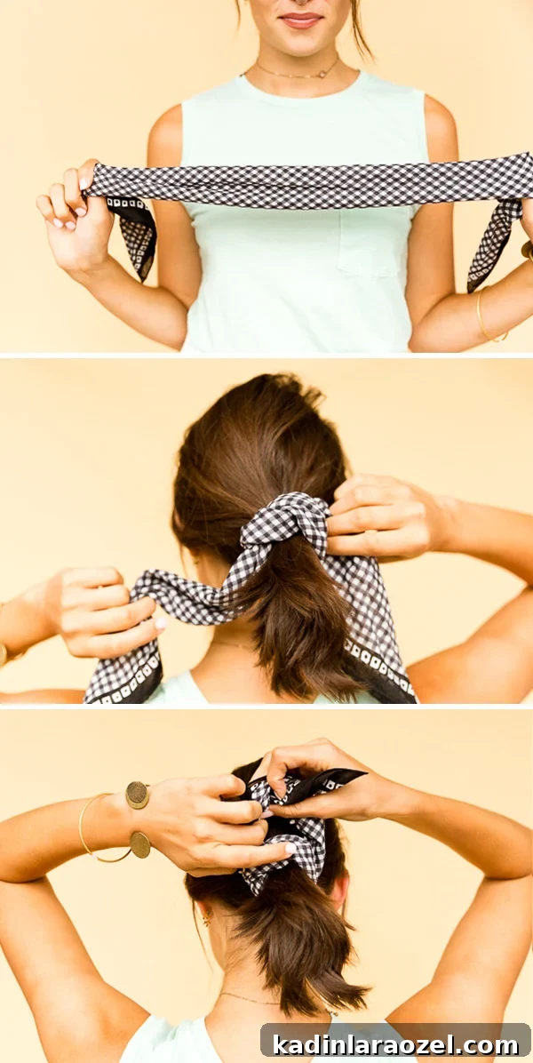 Woman showing how to tie a bandana the prim and proper ponytail.