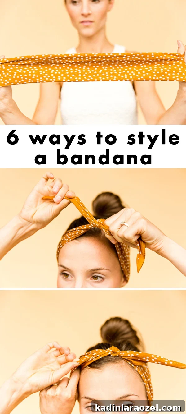 Woman showing how to make a bandana into a headband.