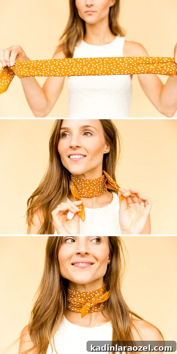 Photos of woman styling a square bandana as a neckerchief in a unique way.