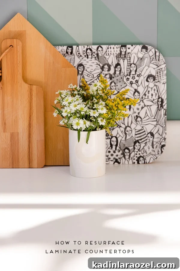 Resurface Laminate Countertops Yourself for Under $50 2 freshly painted laminate countertops in white, with decorative cutting boards and backsplash.