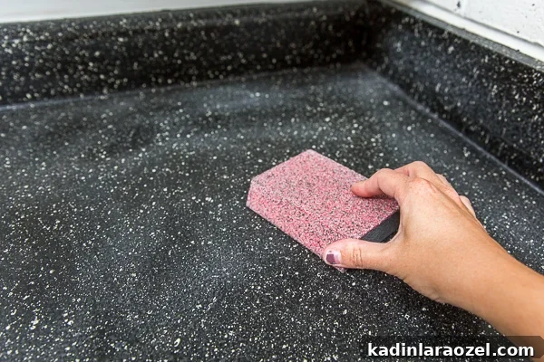 Resurface Laminate Countertops Yourself for Under $50 4 Sanding dark laminate countertop before applying new countertop coating.