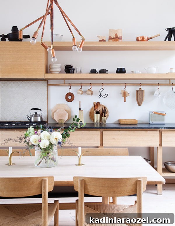 13 Stylish Kitchen Designs to Suit Every Home 4 Kitchen shelving with hanging accessories