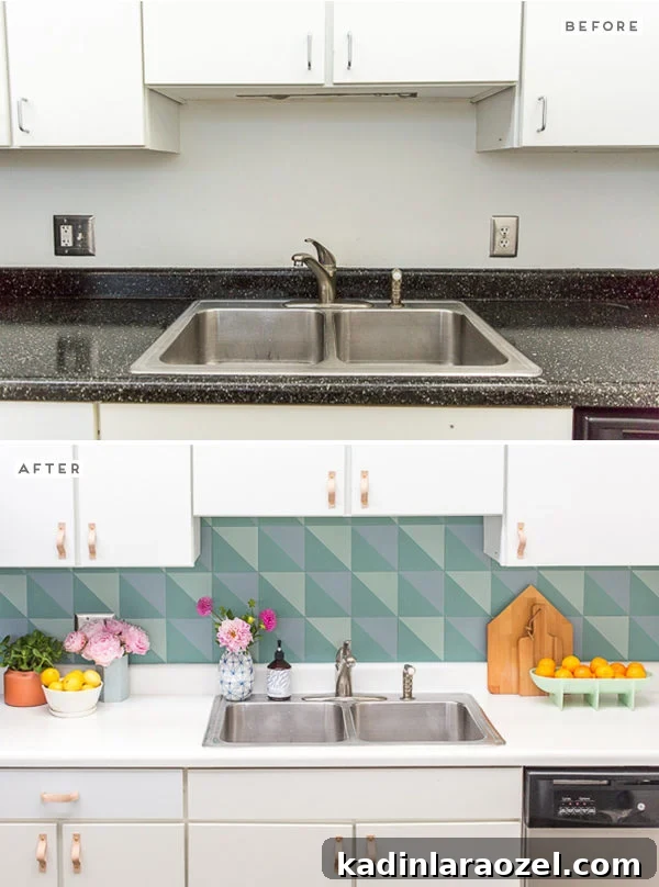 How to create a DIY budget backsplash for $50! Click through for more before and after photos, along with the tutorial for recreating this backsplash on your own.