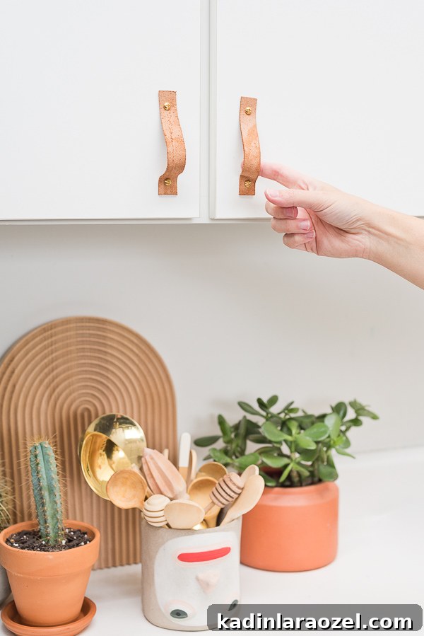 Make Leather Drawer Pulls: Step-by-Step Push-and-Pull Guide 7 DIY Kitchen Idea! A leather cabinet pulls tutorial. Great for renters or anyone looking to add more character to their basic kitchen. #kitchenDIY #kitchen #DIY #leatherDIY #interiors