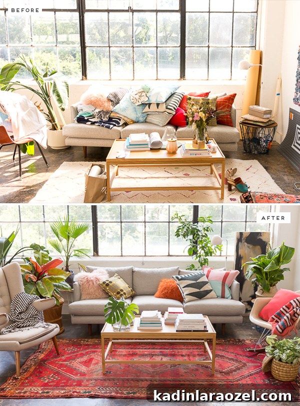 Studio Living Room Reveal: Before and After Transformation Done? 3 A loft space before and after living room makeover. Click through for more photos.