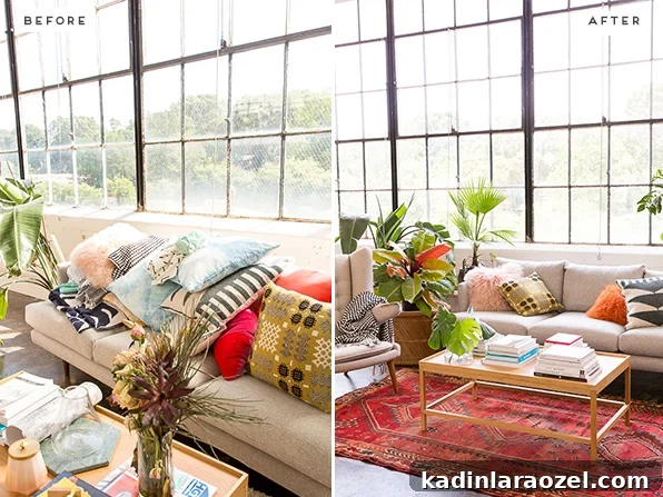 Studio Living Room Reveal: Before and After Transformation Done? 4 A loft space before and after living room makeover. Click through for more photos.
