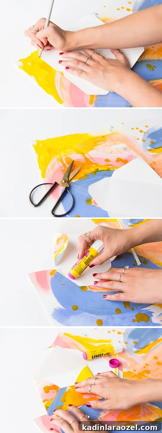 DIY Painted Envelopes: Step-by-Step Guide to Stylish Mailables 3 Step by step photos of process of making an envelope