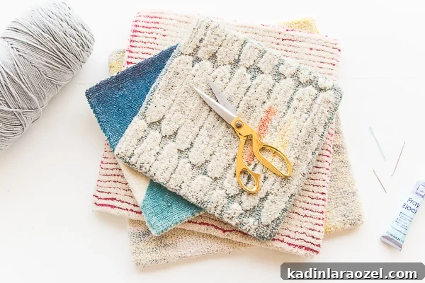 Materials for large scale (patchwork) DIY rug using rug samples and a few other items.