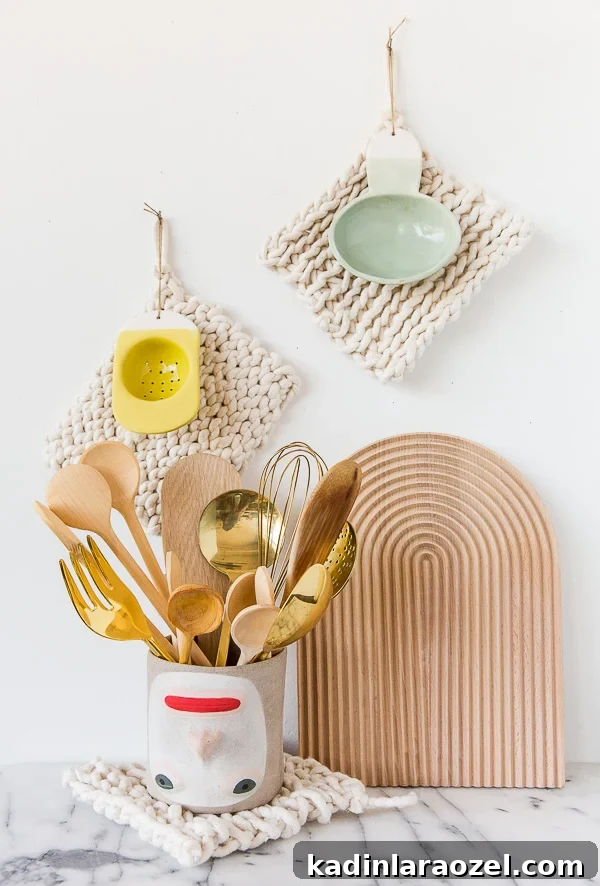 Make a Potholder Using Just One Material 7 minimal modern kitchen with woven potholder and face utensil crock with wood cutting board
