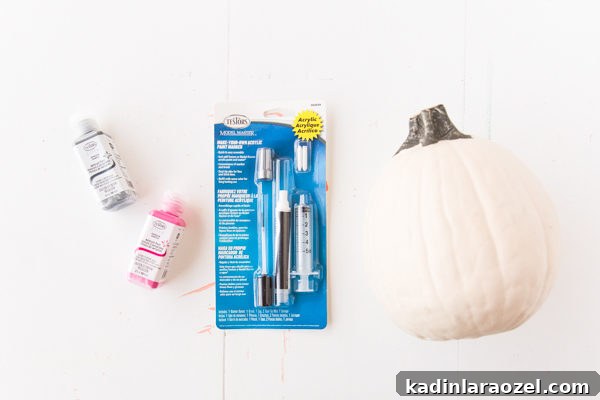 Easy no-carve pumpkin project using custom paint pens to create messages and designs.